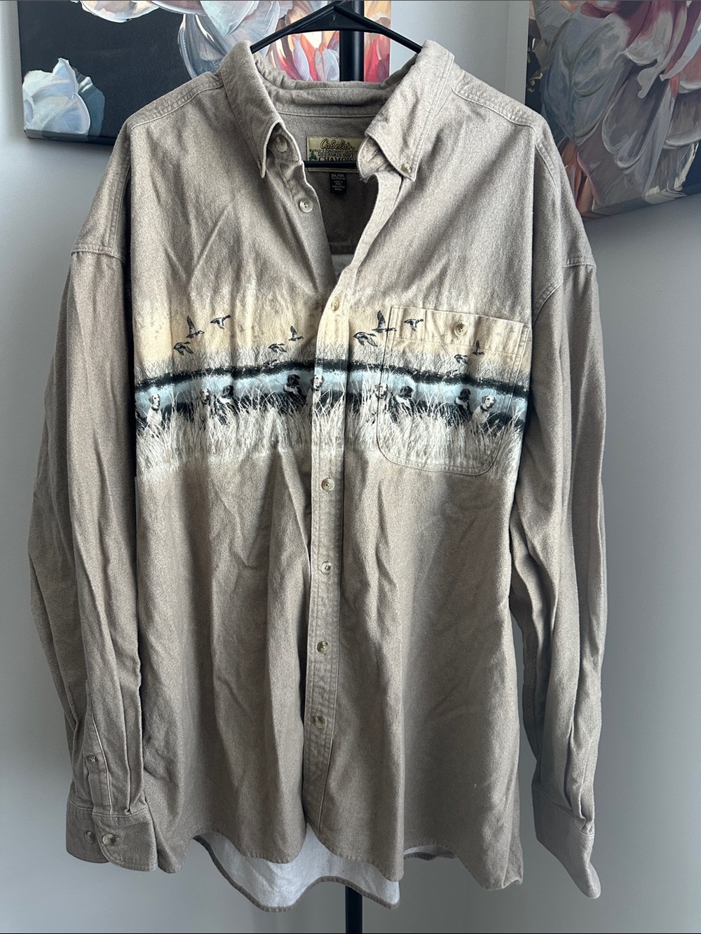 Cabela's Vintage Mens 3XL Beige Hunting Dog Duck Scenic Flannel Long Sleeve